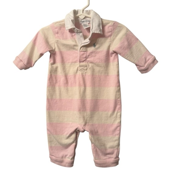 Kid's Ralph Lauren Light Pink Rugby Striped Collared Onesie - Picture 1 of 7
